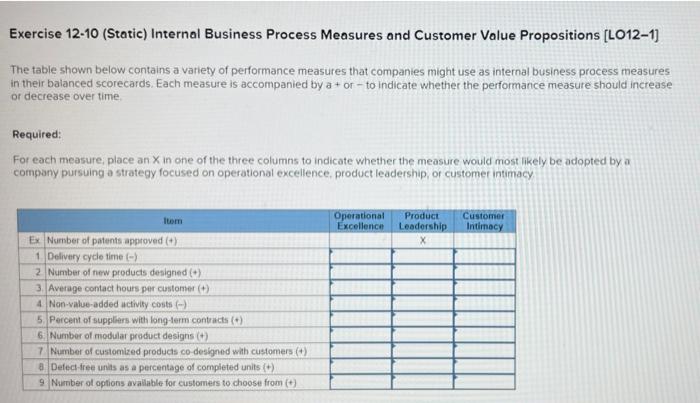  Exercise 12-10 (Static) Internal Business Process Measures and Customer Value Propositions