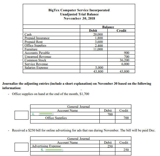  Journalize the adjusting entries (include a short explanation) on November 30