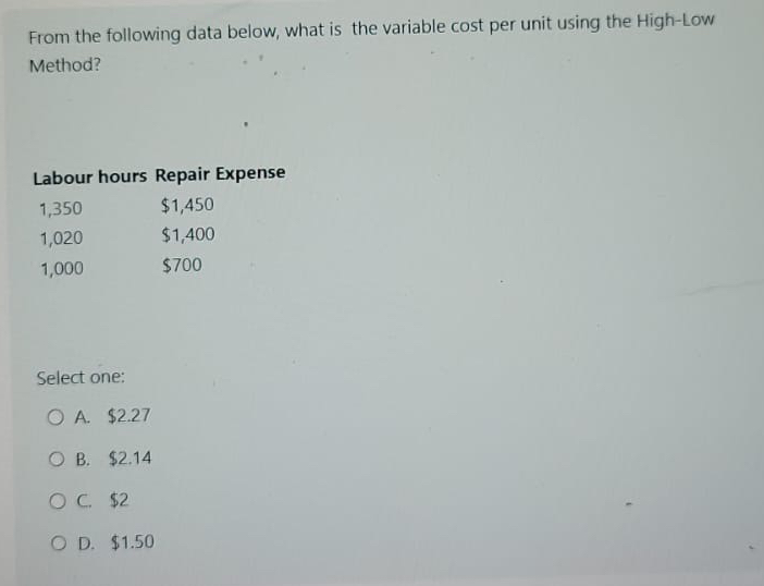  From the following data below, what is the variable cost per