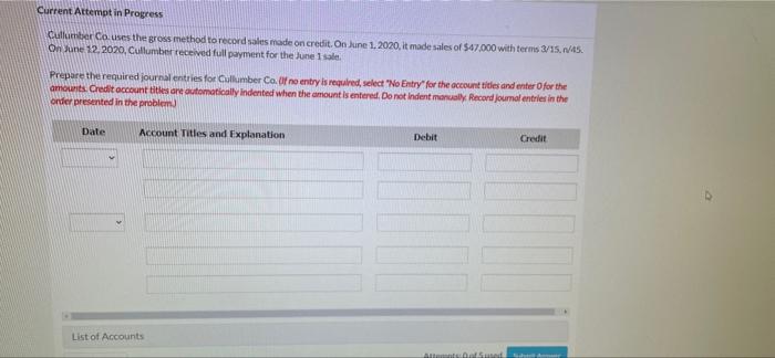  Current Attempt in Progress Cullumber Couses the gross method to record