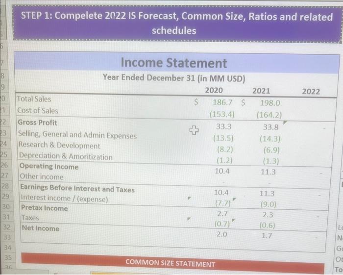 PLEASE ANSWER ASAP STEP 1: Compelete 2022 IS Forecast, Common Size, Ratios