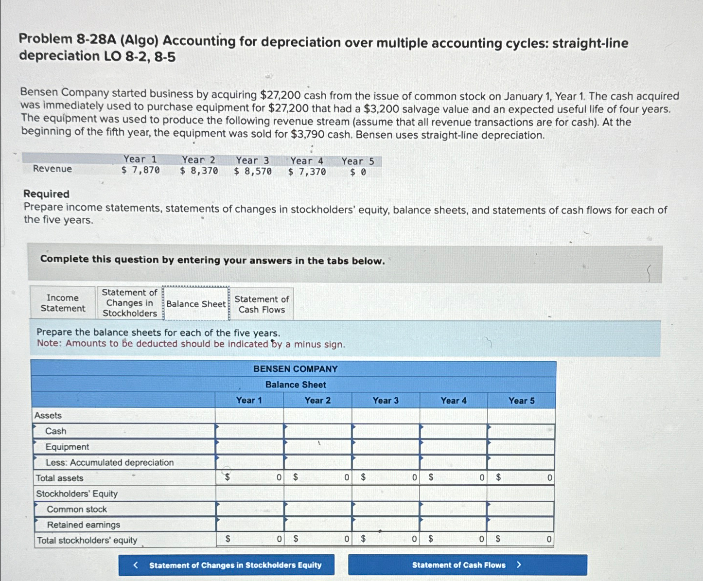  Problem 8-28A (Algo) Accounting for depreciation over multiple accounting cycles: straight-line