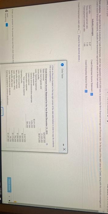  Springfield Bank is evaluating Creek Enterprises, which has requested a loan,