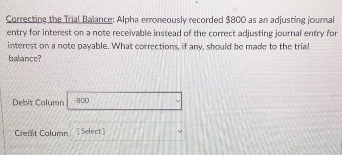  Correcting the Trial Balance: Alpha erroneously recorded $800 as an adjusting