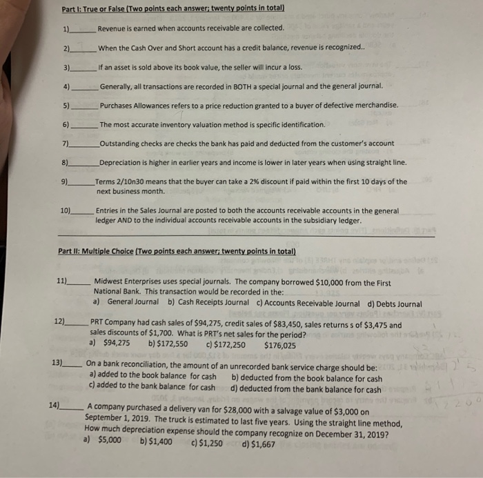  Part 1: True or False (Two points each answer: twenty points