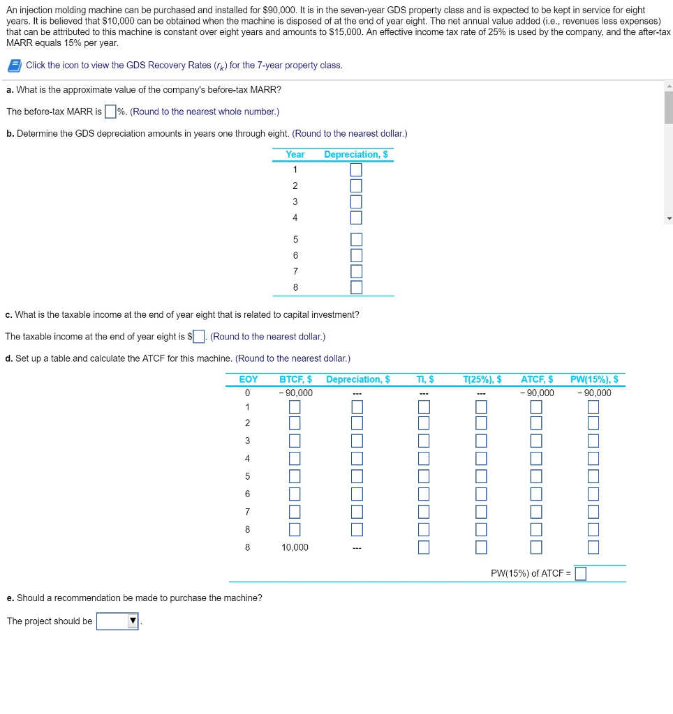  An injection molding machine can be purchased and installed for $90,000.