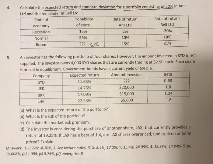 Calculate the expected return and standard deviation for a portfolio consisting