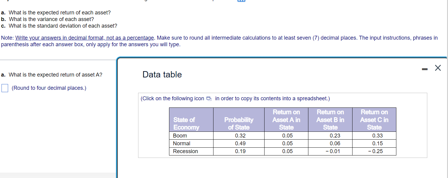  Expected return and standard deviation. Use the following information to answer