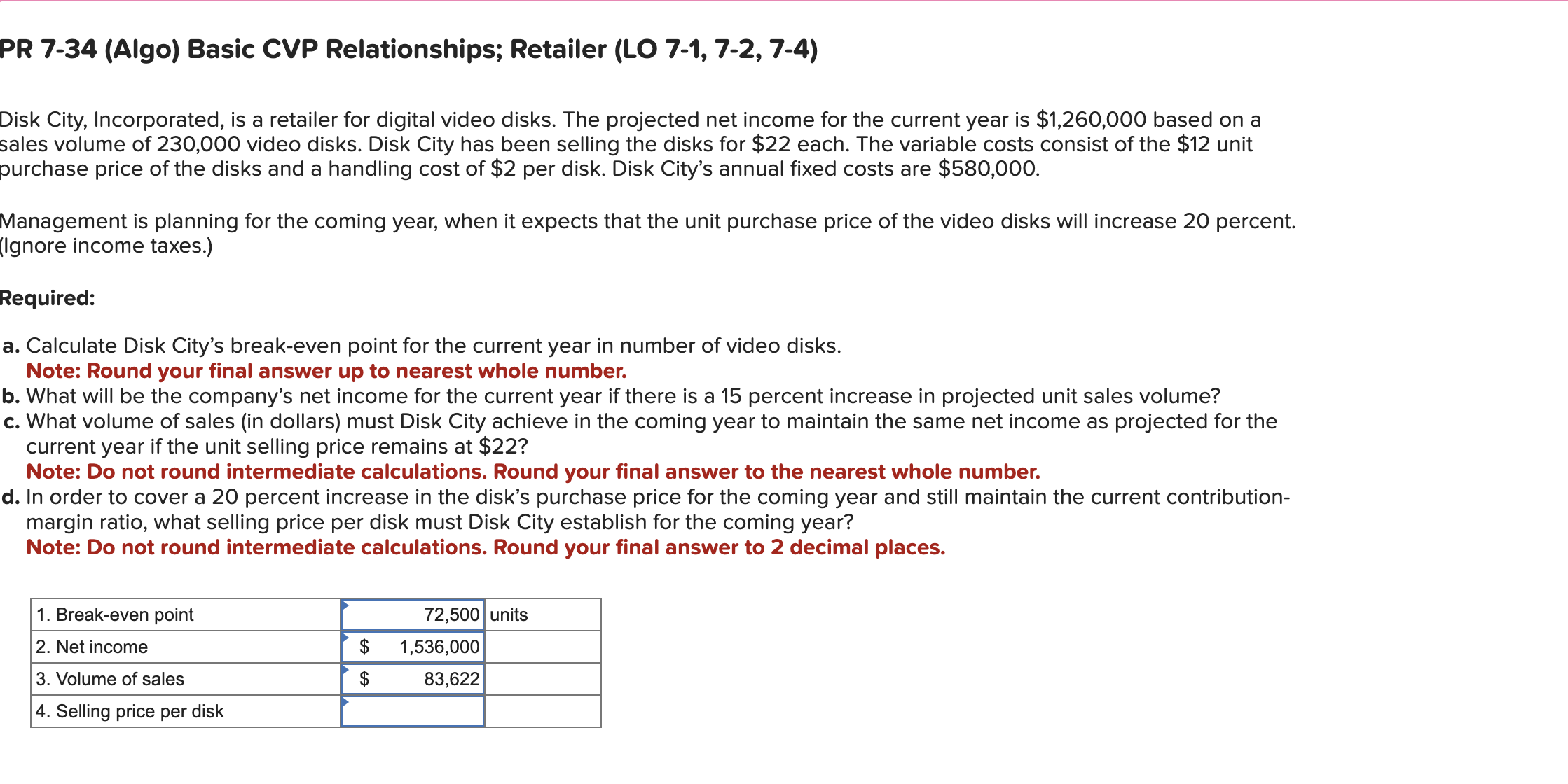 PR 7-34 (Algo) Basic CVP Relationships; Retailer (LO 7-1, 7-2, 7-4)