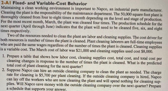  2-AI Fixed- and Variable-Cost Behavior Maintaining a clean working environment is