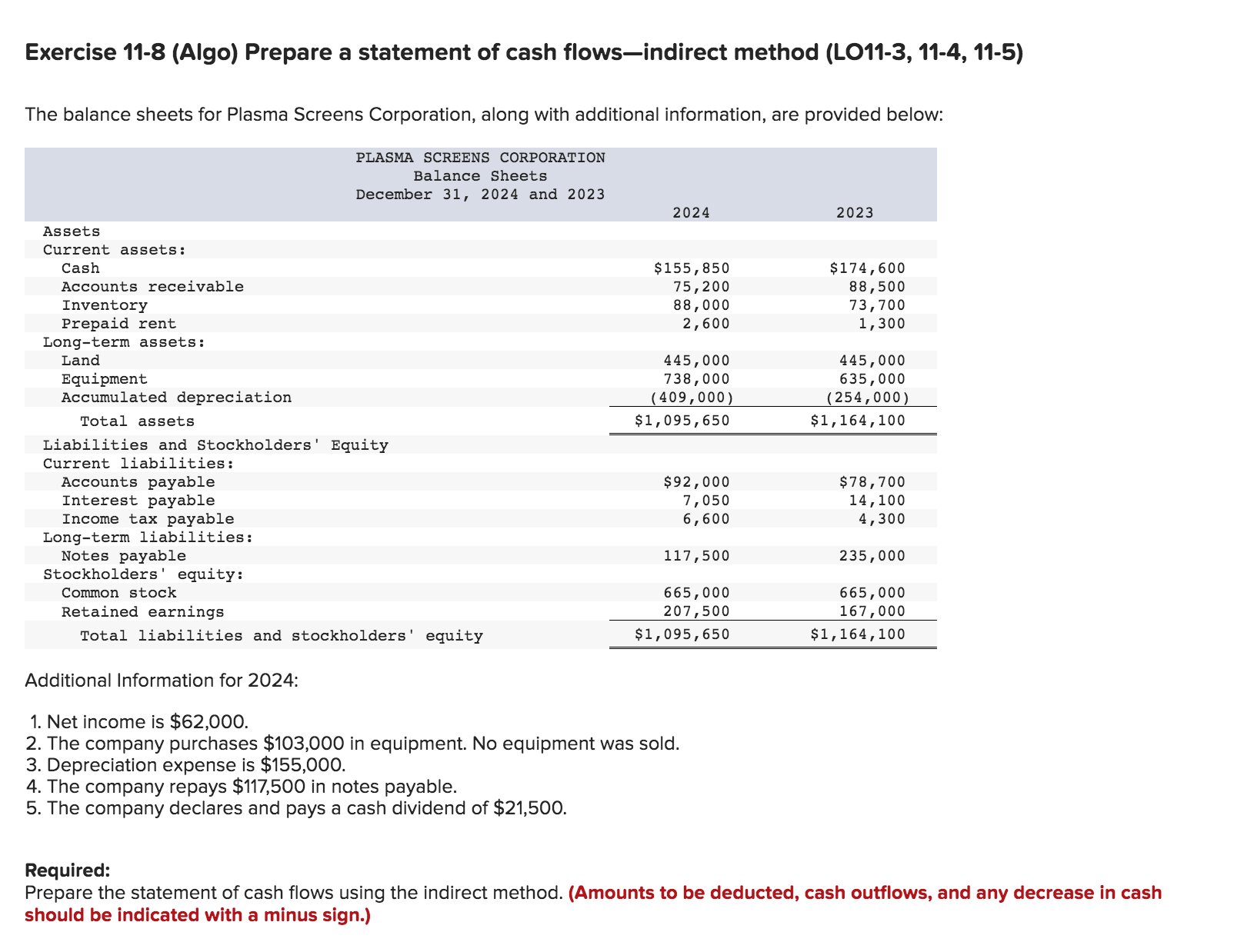 Exercise 11-8 (Algo) Prepare a statement of cash flows-indirect method (LO11-3,