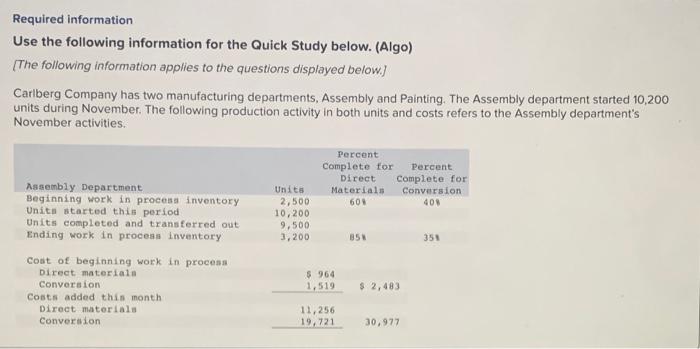  Required information Use the following information for the Quick Study below.