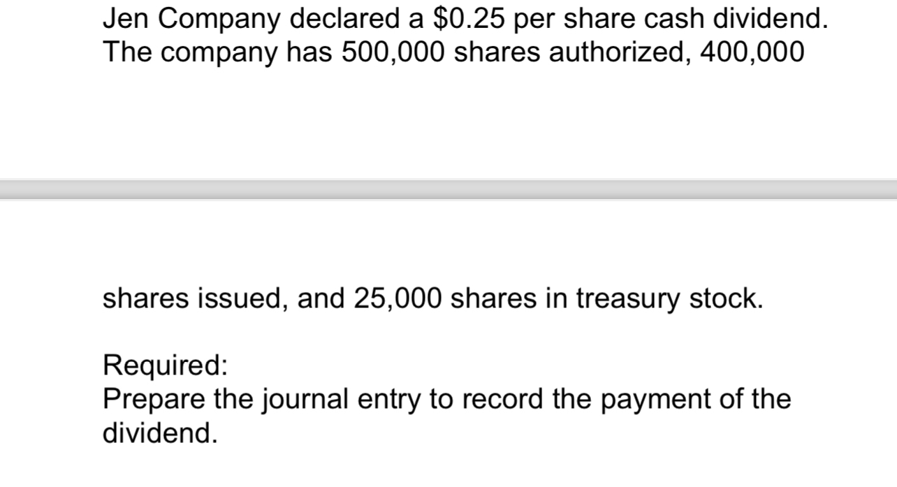  Jen Company declared a $0.25 per share cash dividend. The company