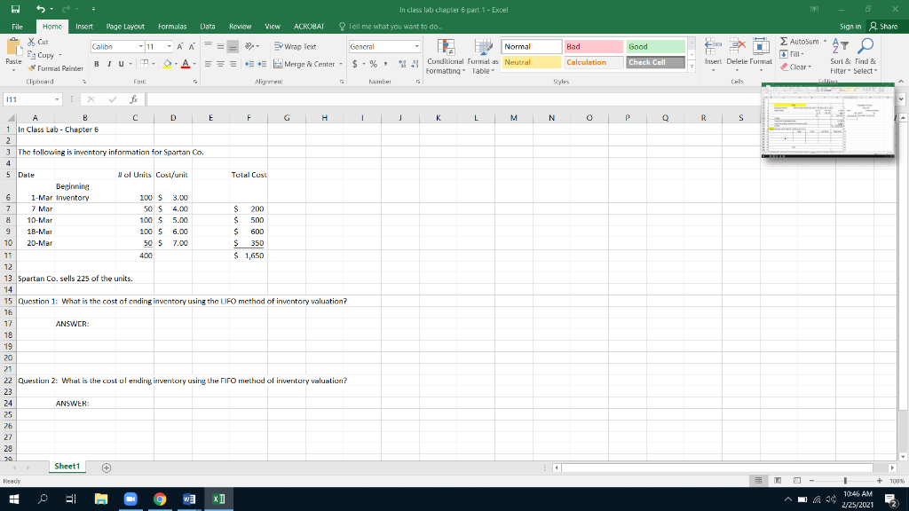  In class lab chapter 6 part 1 - Excel Tell me