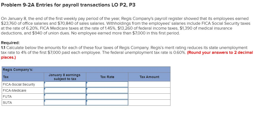  Problem 9-2A Entries for payroll transactions LO P2, P3 On January