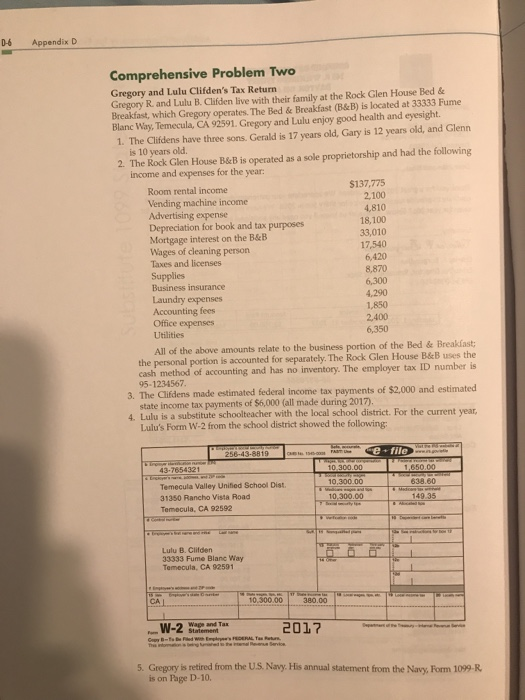  D-6 Appendix D Comprehensive Problem Two Gregory and Lulu Clifden's Tax