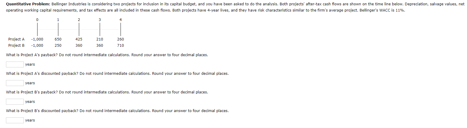 Quantitative Problem: Bellinger Industries is considering two projects for inclusion in