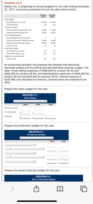  Problem 13-2 Deleon Inc. is preparing its annual budgets for the