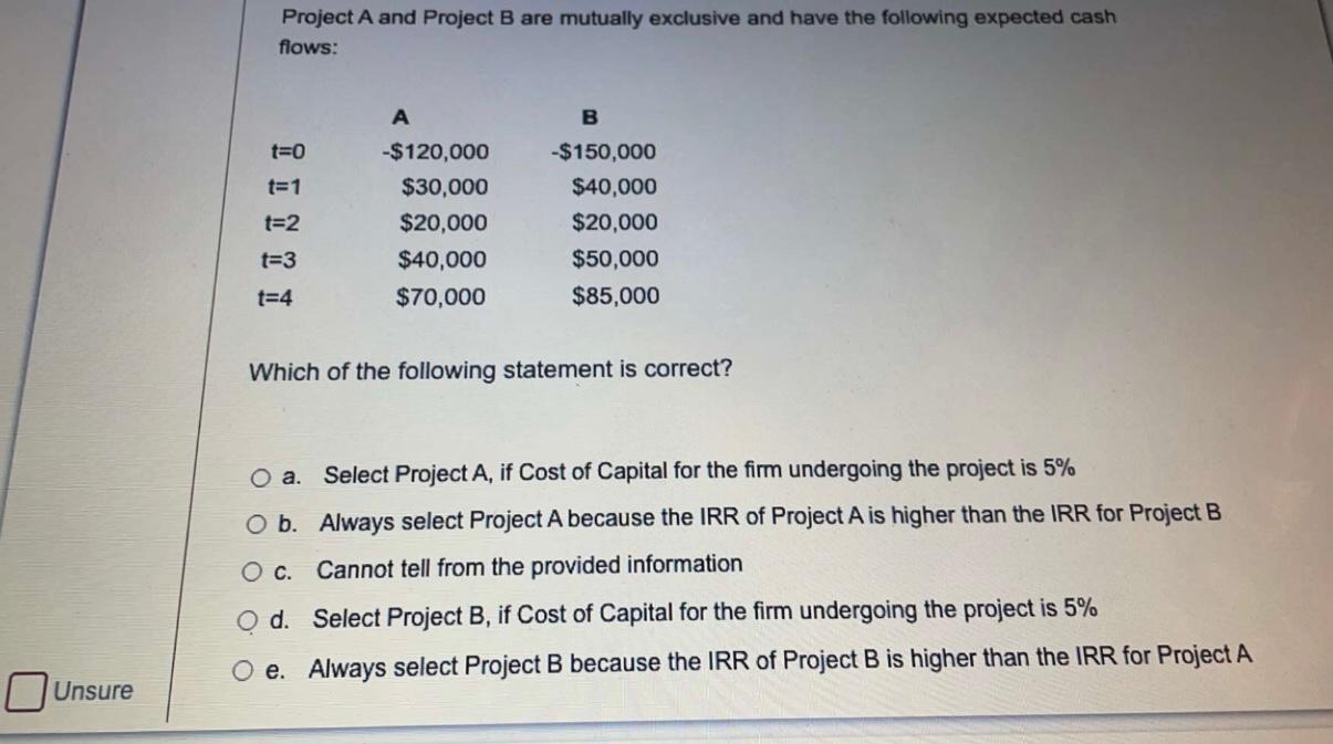  Project A and Project B are mutually exclusive and have the