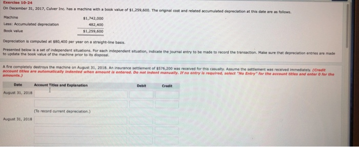  Exercise 10-24 On December 31, 2017, Culver Inc. has a machine