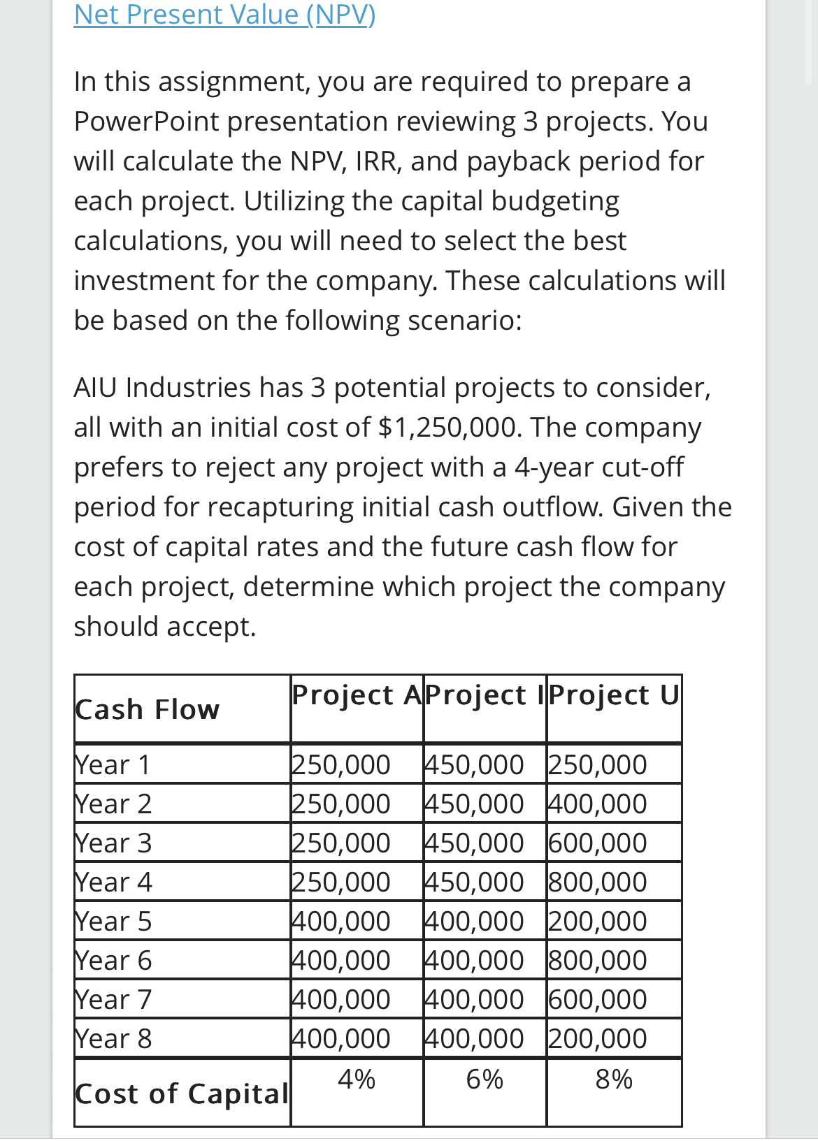  Net Present Value (NPV) In this assignment, you are required to