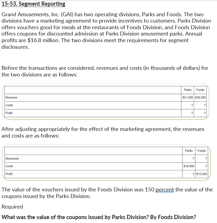  15-53. Segment Reporting Grand Amusements, Inc. (GAI) has two operating divisions,