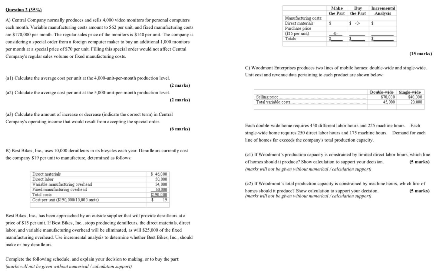  Question 2 (35%) Make Buy the Part the Part Incremental Analysis