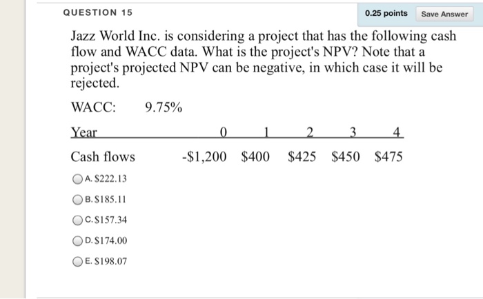  QUESTION 15 0.25 points Save Answer Jazz World Inc. is considering