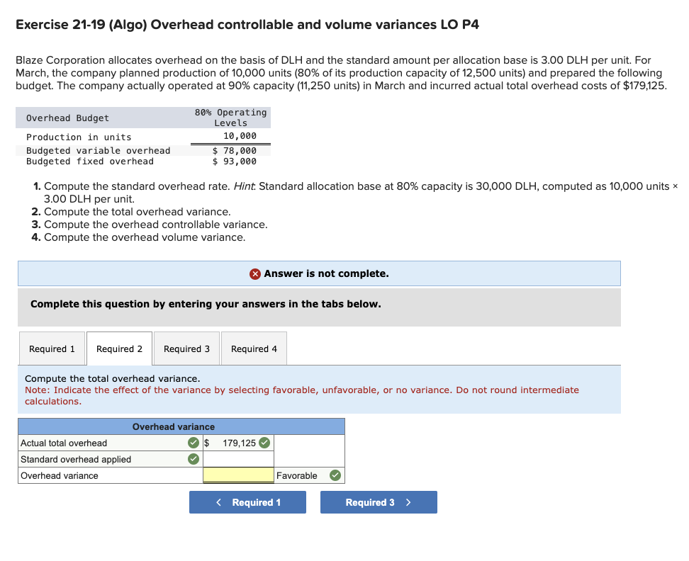  Exercise 21-19(Algo) Overhead controllable and volume variances LO P4 Blaze Corporation