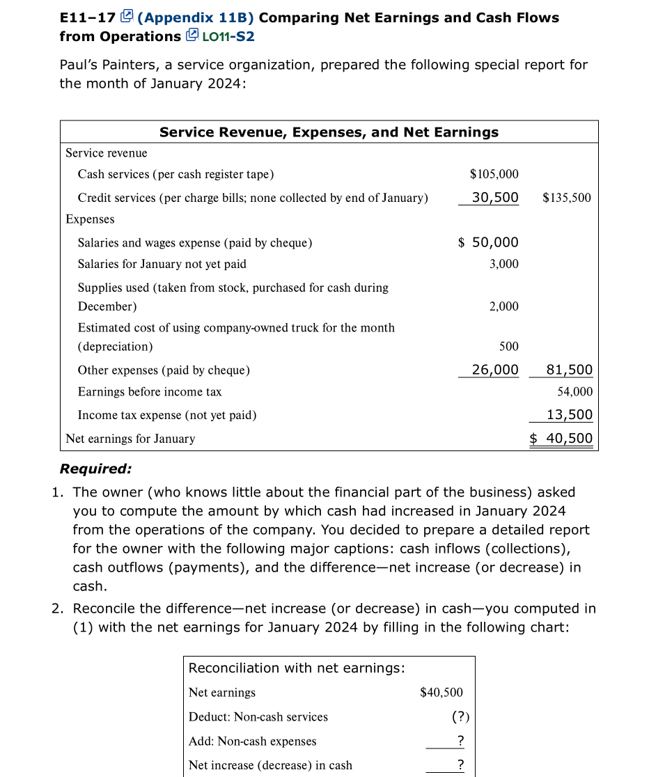  E11-17 (Appendix 11B) Comparing Net Earnings and Cash Flows from Operations
