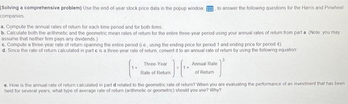 help please (Solving a comprehensive problem) Use the ond-of-year stock price data
