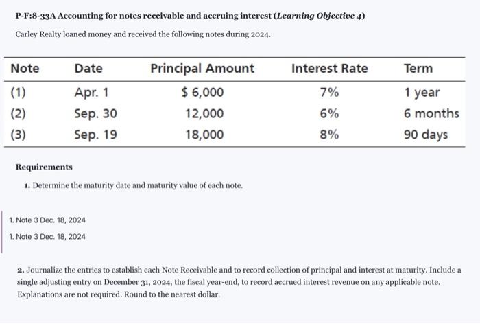  P-F:8-33A Accounting for notes receivable and accruing interest (Learning Objective 4)