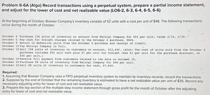 Gctober 4 Purchane 126 units of inventory on account frce waluigi conpany