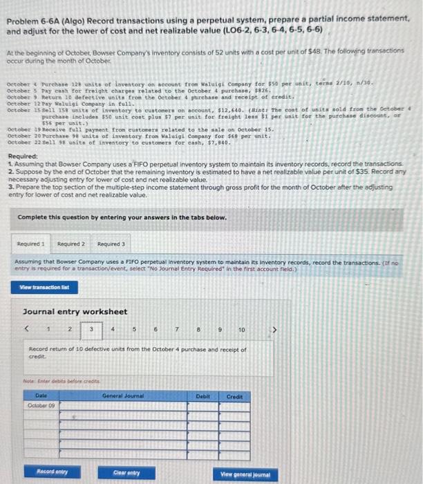 realizable value (LO6-2, 6-3, 6-4, 6-5, 6-6) At the beginning of October,