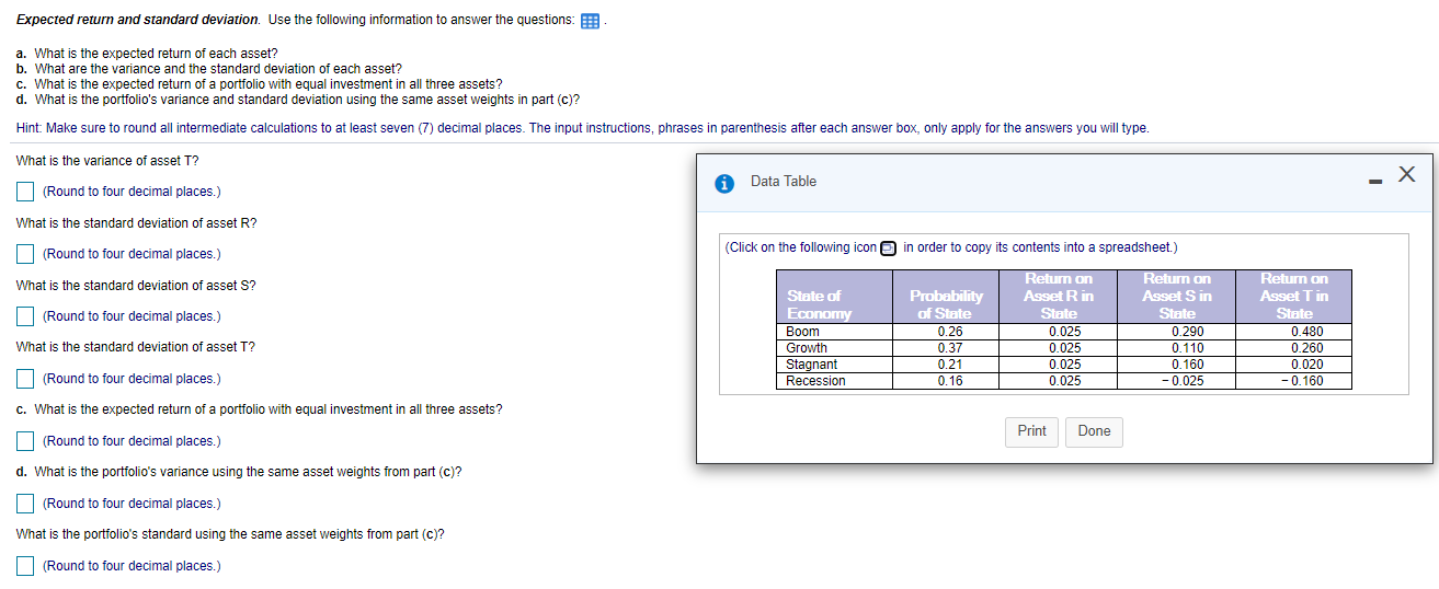 the questions: a. What is the expected return of each asset? b.