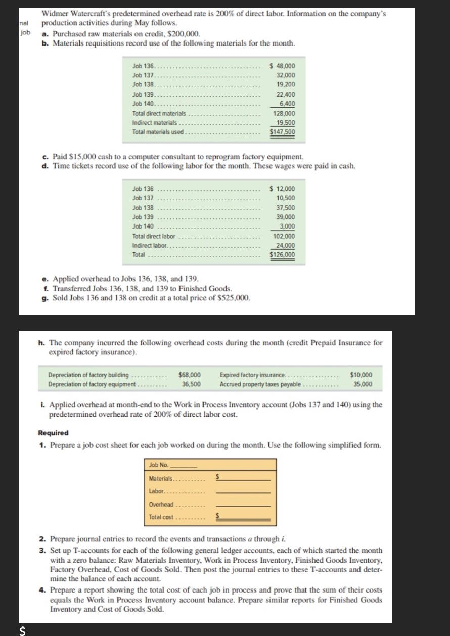  Please answer question 3 Widmer Watercraft's predetermined overhead rate is 200%
