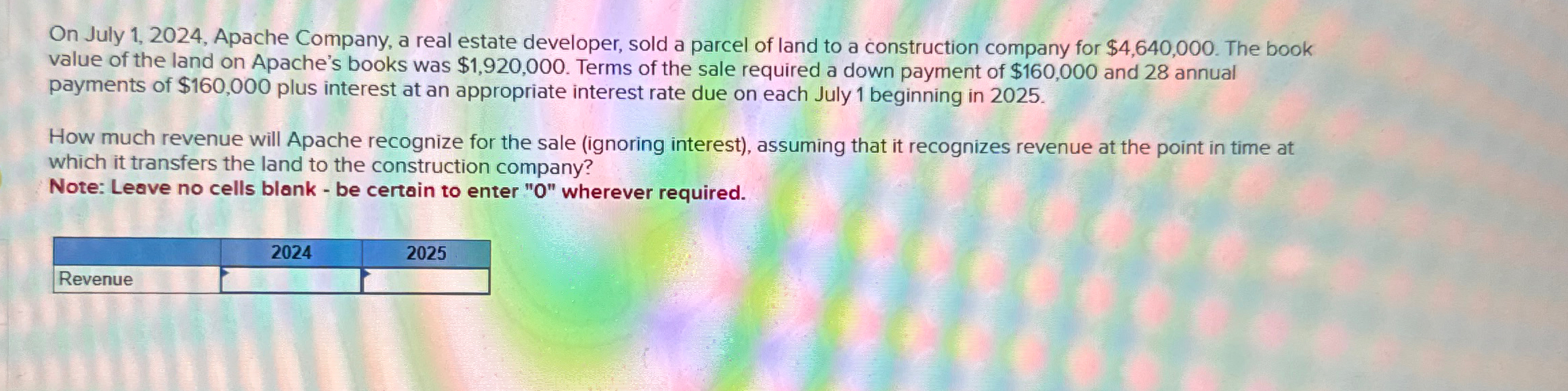  On July 1,2024, Apache Company, a real estate developer, sold a