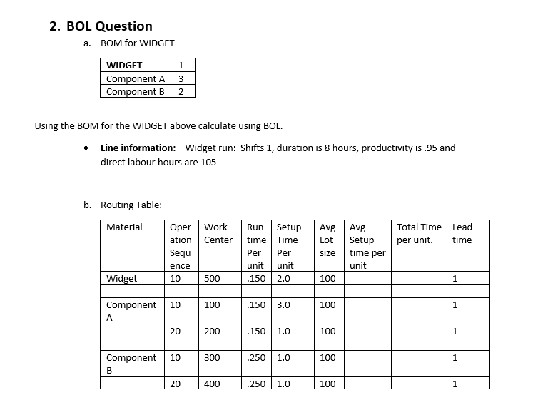  2. BOL Question a. BOM for WIDGET WIDGET Component A Component