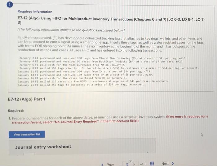  Required information E7-12 (Algo) Using FIFO for Multiproduct Inventory Transactions (Chapters