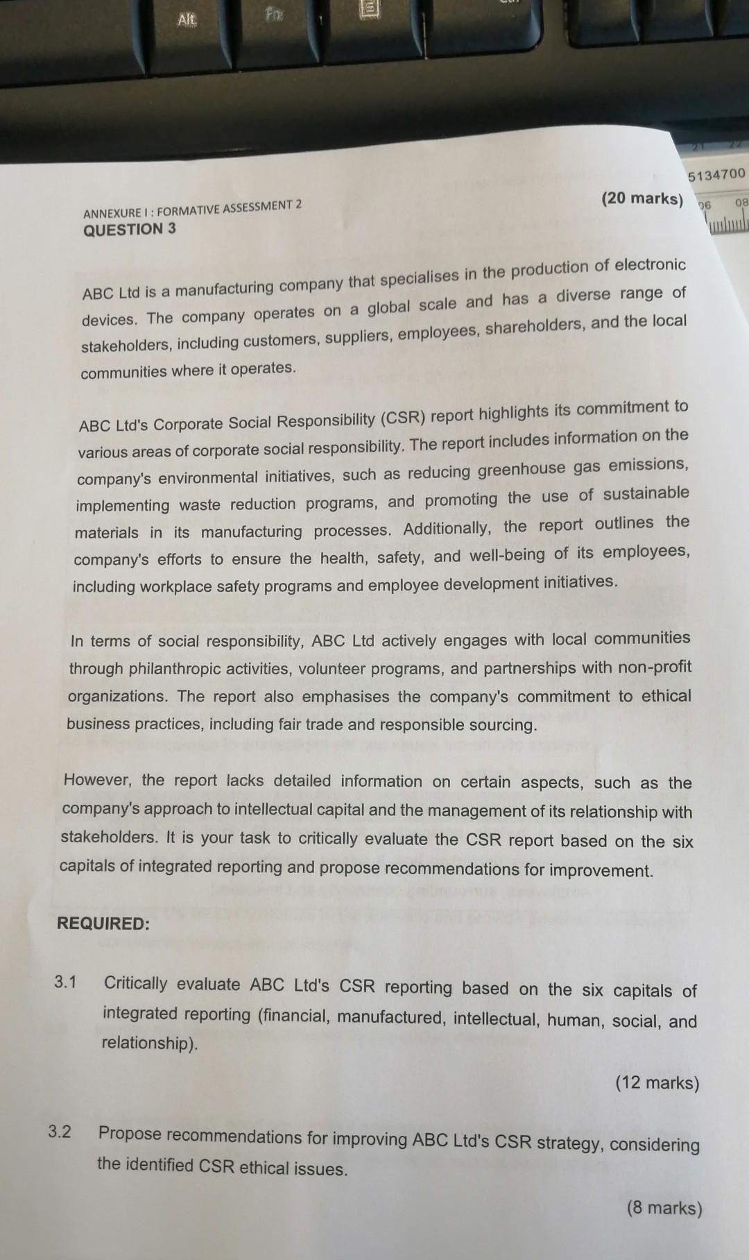  ANNEXURE I: FORMATIVE ASSESSMENT 2 (20 marks) QUESTION 3 ABC Ltd