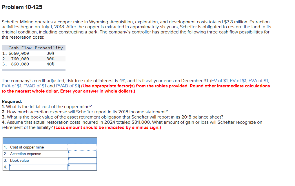Problem 10-125 Schefter Mining operates a copper mine in Wyoming. Acquisition,