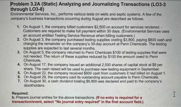  Problem 3.2A (Static) Analyzing and Journalizing Transactions (LO3-3 through LO3-8) Environmental
