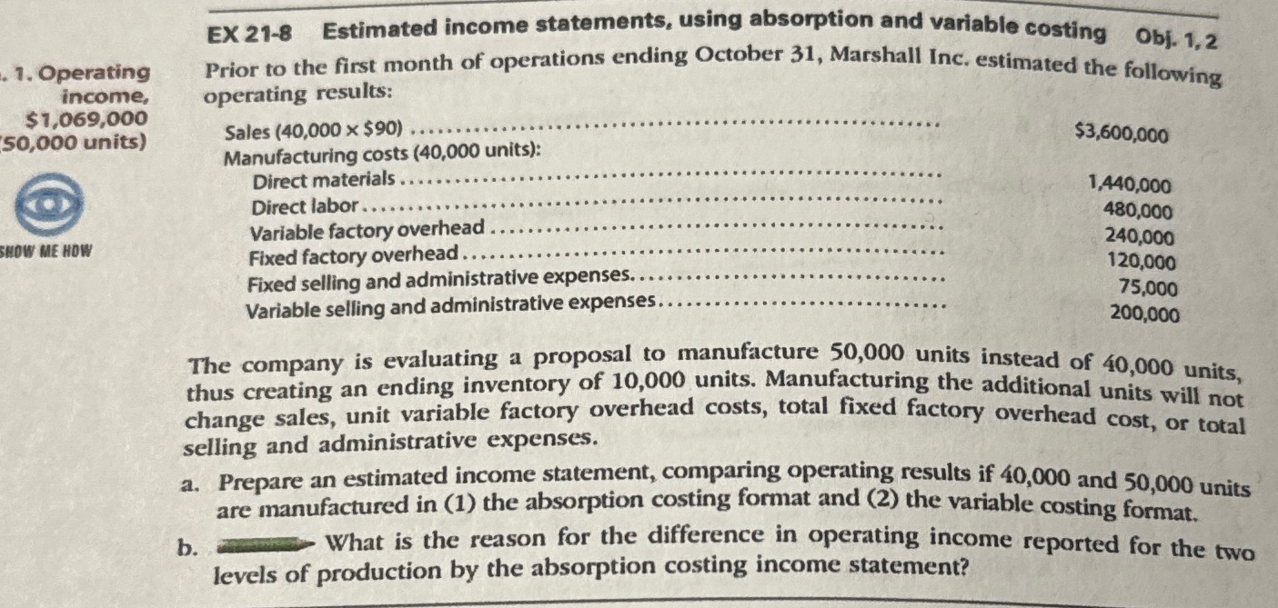 EX 21-8 Estimated income statements, using absorption and variable costing Obj.
