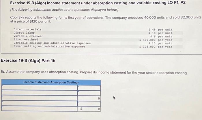  Exercise 19-3 (Algo) Income statement under absorption costing and variable costing