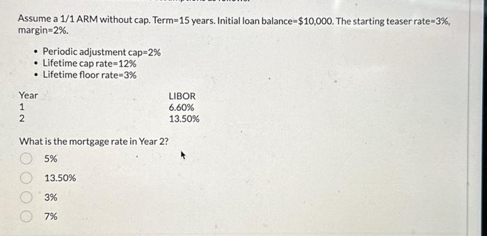  Assume a 1/1 ARM without cap. Term =15 years. Initial loan