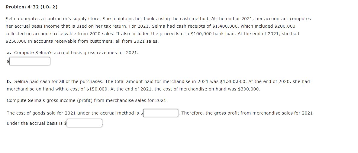  Problem 4-32 (LO. 2) Selma operates a contractor's supply store. She