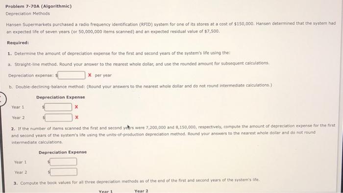  Problem 7-70A (Algorithmic) Depreciation Methods Hansen Supermarkets purchased a radio frequency