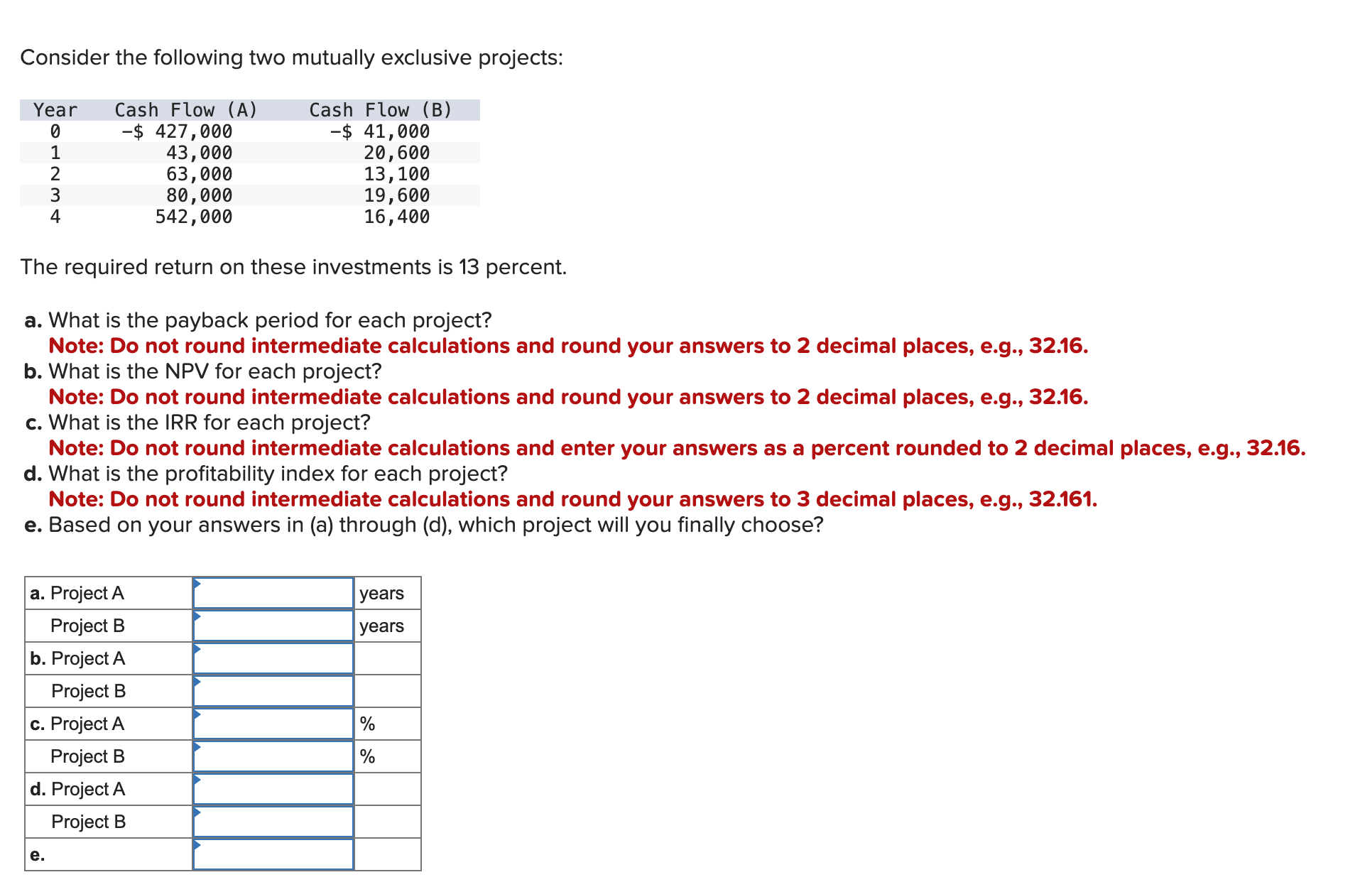  Consider the following two mutually exclusive projects: The required return on