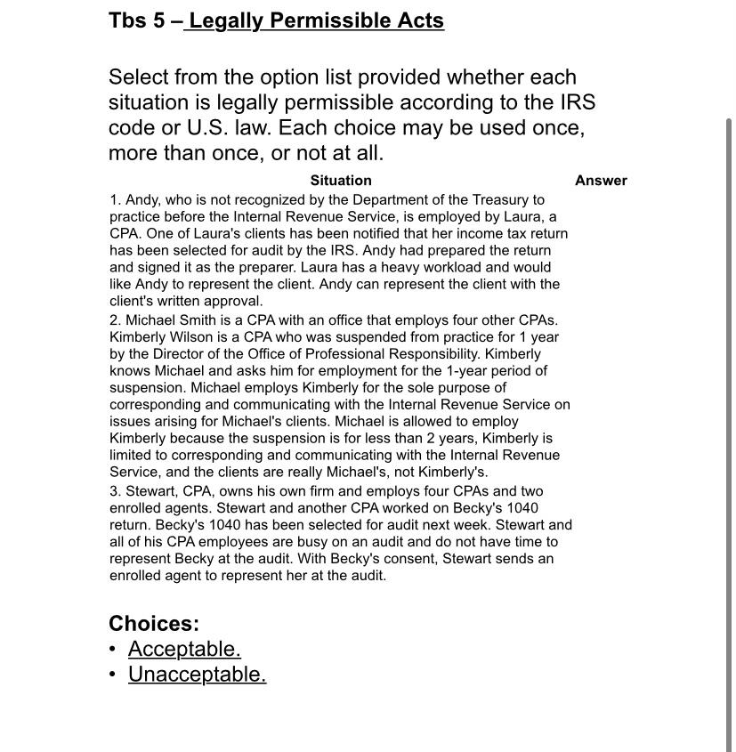  Tbs 5 - Legally Permissible Acts Select from the option list