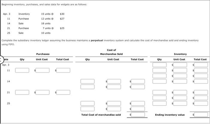  Beginning inventory, purchases, and sales data for widgets are as follows: